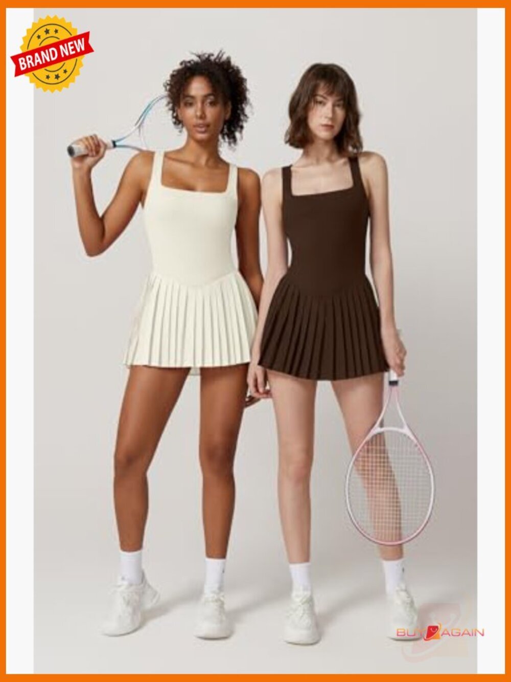 Square Neck Tennis Dress with Built-in Shorts, Pockets, Pleated - Picture 6 of 6